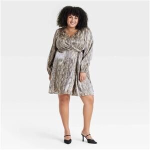 AVA & VIV Snake Print Faux Wrap Metallic Peasant Sleeve Dress Size 3X NEW No tag